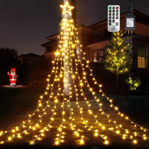 Vista 11 de WBao 344 luces LED de Navidad para decoración al aire libre con estrella de 12 pulgadas, luces de Navidad de cascada de 11.9 pies, control remoto, 8