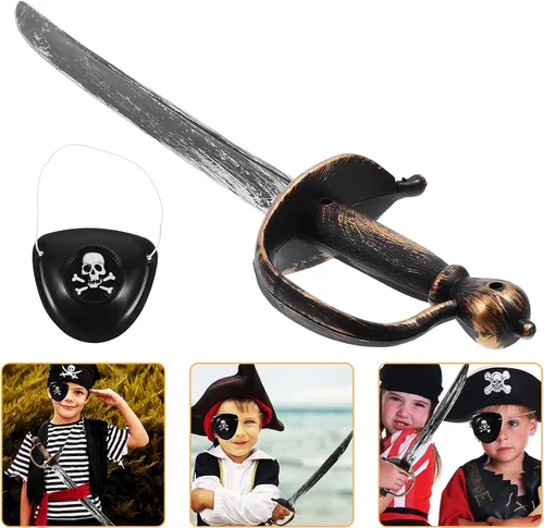Vista 2 de Espadas piratas de plástico, con parche de ojo, accesorios de plástico samurái de anime, caballero pirata, Halloween, suministros de fiesta