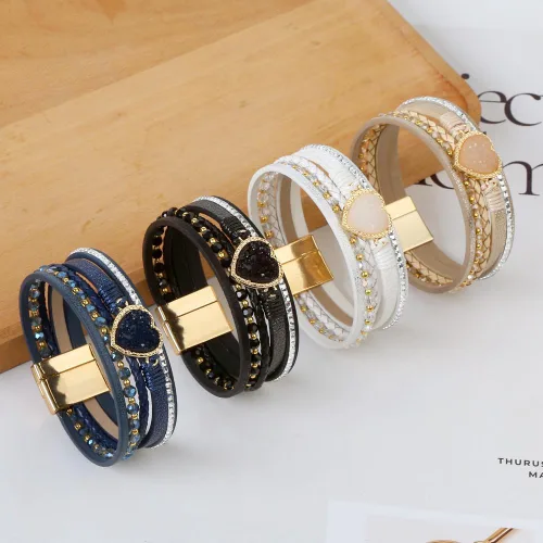 Vista 6 de Jewbelet - Pulsera de cuero estilo bohemio con cuentas de cristal con cierre de joyería para mujer