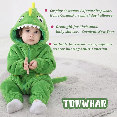 Vista 6 de TONWHAR Disfraz de Halloween para bebés y niños pequeños, traje de nieve para niños (12-18 mesesaltura 74 a 31.1 in, dinosaurio verde claro)