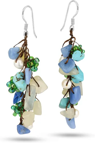Vista 2 de AeraVida Precioso grupo de piedras mezcladas de color azul y verde con cuentas de cristal en plata de ley, aretes colgantes de anzuelo