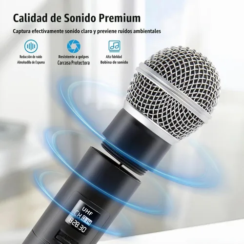 Vista 3 de Sistema de micrófono inalámbrico, conjunto de micrófono de mano dinámico VHF dual-W100U SNR ≥110dB, 18dBm Transmission, 164ft Long Range, Plug &