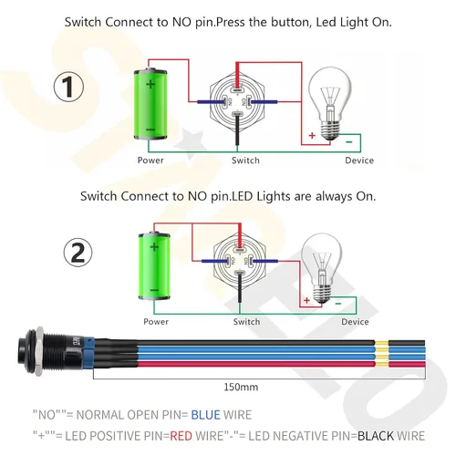 Vista 3 de STARELO 5 piezas Interruptor de botón LED momentáneo de 12 mm con carcasa negra y pre-cableado, interruptor de botón a prueba de agua IP65, 1NO 1