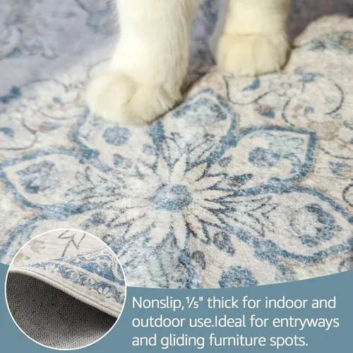 Vista 4 de jinchan Alfombra vintage de 2 x 3 pies para entrada, lavable, diseño floral romántico, tapete pequeño antideslizante, tapete ligero de bajo perfil