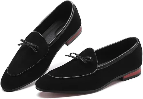 Vista 4 de REIHUANNE Mocasines belgas sin cordones de gamuza para hombre, zapatos de vestir con estilo esmoquin con clase, zapatillas de fumar de moda