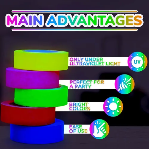 Vista 4 de Paquete de 5 cintas de luz negra – Cinta de neón reactiva a los rayos UV, juego multicolor: verde, rojo, amarillo, rosa y azul, cada rollo mide 16