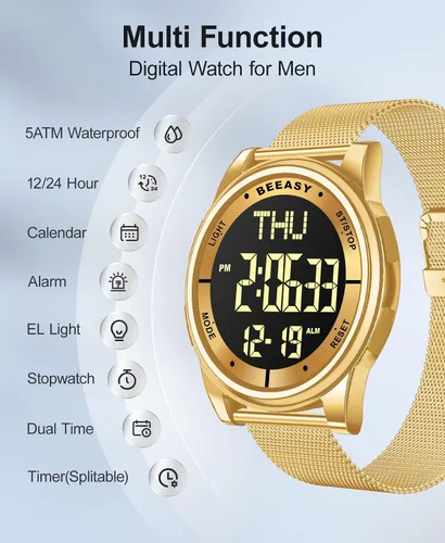 Vista 34 de Beeasy - Reloj digital de pulsera resistente al agua con cronómetro, alarma, cuenta regresiva, doble zona horaria, ultrafino, pantalla angular muy