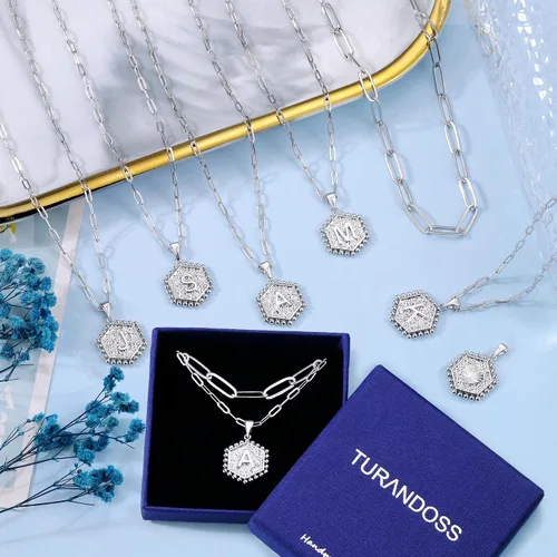 Vista 7 de Turandoss - Collares con iniciales en capas de plata para mujer, collar de cadena de clip chapado en oro blanco de 14 quilates, collar