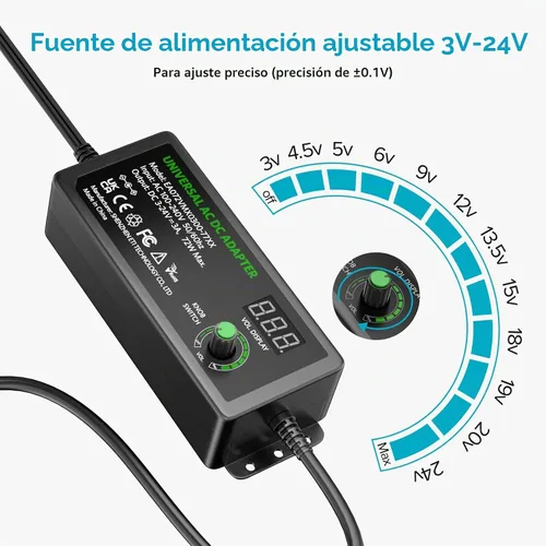 Vista 2 de Powseed Universal Power Supply Variable 3V~24V 3A 72W Multi Voltage Adapter