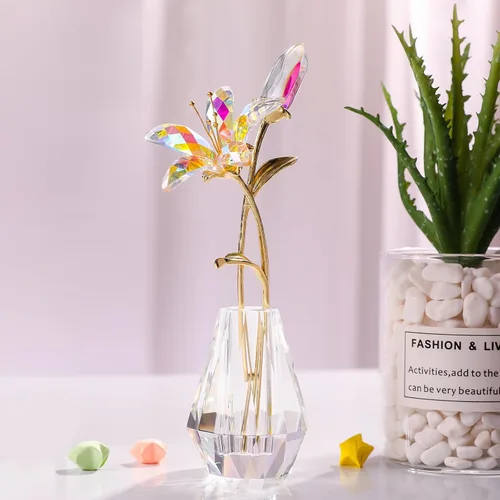 Vista 5 de LONGWIN Flores artificiales de lirio de tigre con jarrón – Estatuillas coleccionables de cristal recubiertas AB floreciendo flor de lirio falso