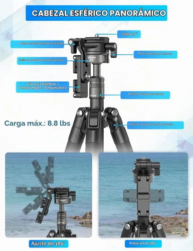 Vista 3 de ULANZI MT-63 Mini trípode para teléfono, 57" trípode de cámara extensible de aleación de aluminio portátil plegable con clip de teléfono 2 en 1