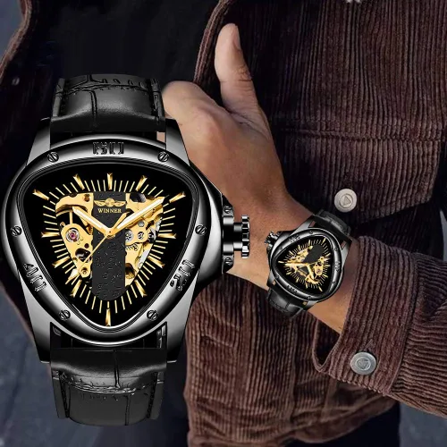 Vista 6 de Triangle Golden Skeleton Watch for Men Mechanical Automatic Wristwatch Sport Silver Stainless Steel Mens Watches
