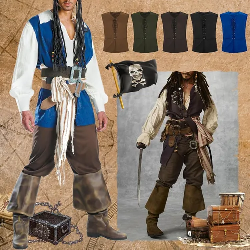 Vista 5 de Zando Chaleco pirata renacentista medieval vikingo para hombre, disfraz de Halloween o cosplay