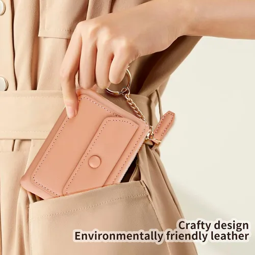 Vista 6 de Monedero, mini monedero con llavero y cierre de cremallera para hombres y mujeres, bolso de moda, llavero colgante de cuero clásico, Rosado, Monedero