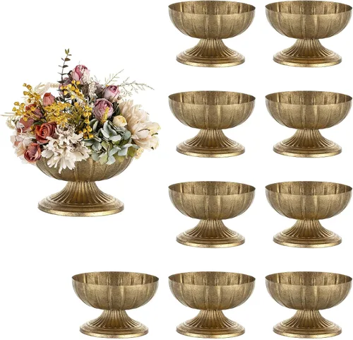 Vista 10 de NUPTIO Jarrones Dorados Desgastados para Centros de Mesa: Jarrones de Compota de Latón Rústicos para Flores - Decoración de Cuenco con Pedestal