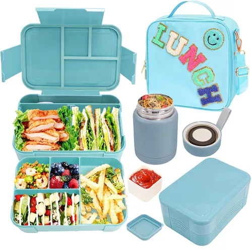 Vista 11 de Bolsa de almuerzo aislada para niños y niñas con termo de 10 onzas, con caja Bento de 6 compartimentos, lonchera de nailon negro preppy con correa