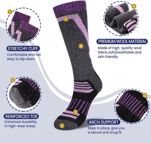 Vista 4 de Calcetines de esquí para niños, de lana merina, cálidos, térmicos, para senderismo, snowboard, hasta la rodilla, calcetines para botas para niños