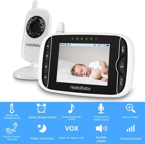 Vista 2 de HelloBaby Monitor de video para bebés con cámara y audio, pantalla LCD de 3.2 pulgadas, visión nocturna infrarroja, audio bidireccional y monitoreo