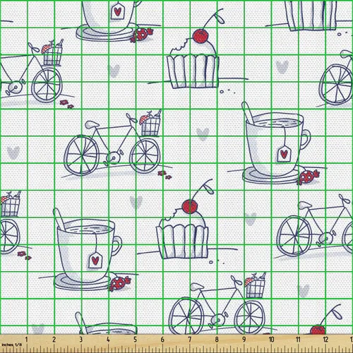 Vista 2 de Ambesonne The Yard, tela para bocetos de The Yard, taza de té de bicicleta de crema de cupcakes, tela decorativa para tapicería y detalles del Azul