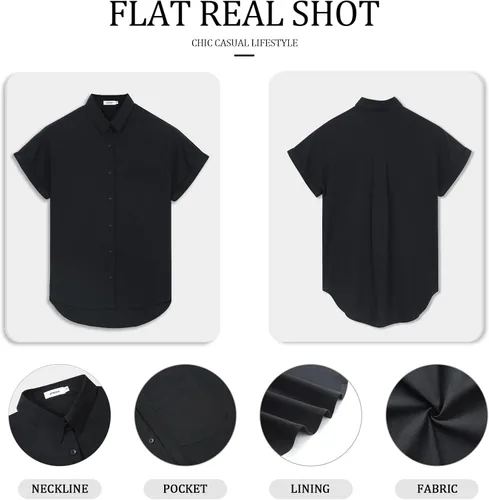 Vista 4 de APRAW Camisas casuales de manga corta con botones para mujer, de verano, de algodón, lisas, con bolsillos