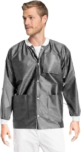 Vista 36 de Paquete de 10 chaquetas desechables de laboratorio, chaqueta médica reutilizable hasta la cadera, unisex, con puños de punto y bolsillos