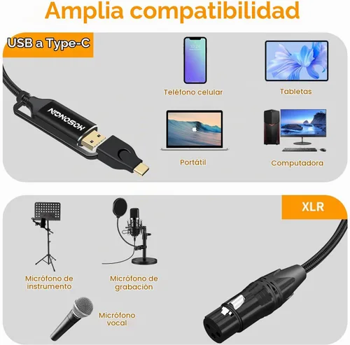 Vista 5 de HOSONGIN Cable XLR a USB C de 3.3 pies, Cable de grabación profesional 2-en-1 XLR hembra a (USB tipo A + C) para micrófonos a teléfono/tableta/PC