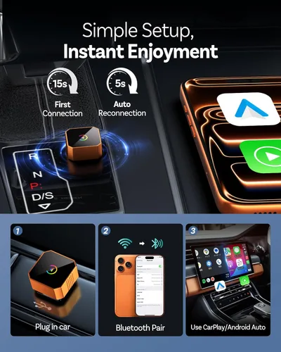 Vista 3 de Adaptador inalámbrico CarPlay 2026 para iPhone, 2 en 1 Plug and Play, convierte con cable a CarPlay inalámbrico Android Auto, conexión automática