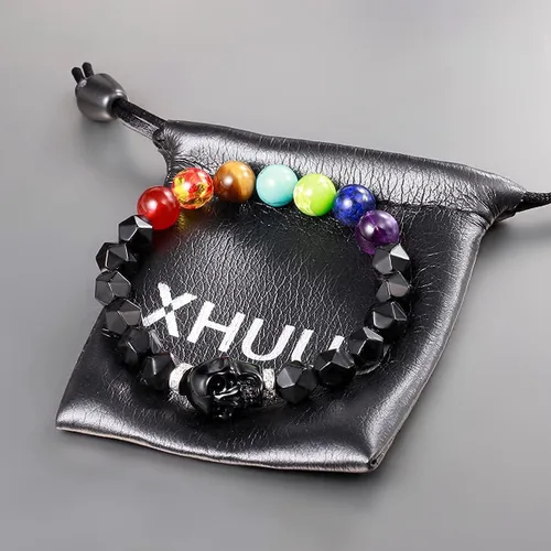 Vista 8 de XHUUU Pulsera de 7 chakras con estatua de calavera para mujeres y hombres, obsidiana negra, corte estrella, cristales reales y piedras curativas