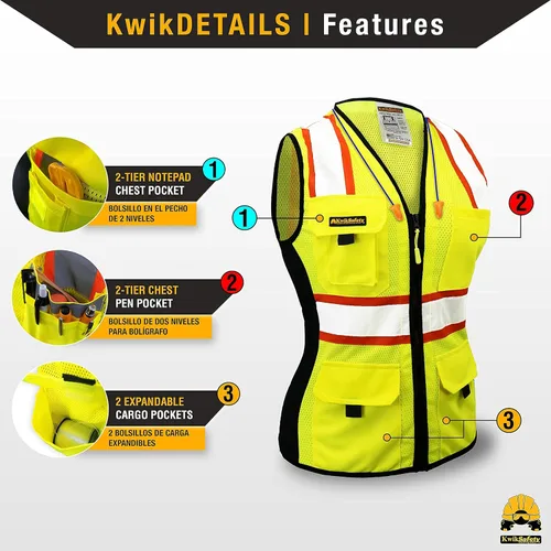 Vista 4 de KwikSafety FIRST LADY - Chaleco de seguridad para mujer [amarillo, L] + paquete de casco blanco con carcasa de tortuga