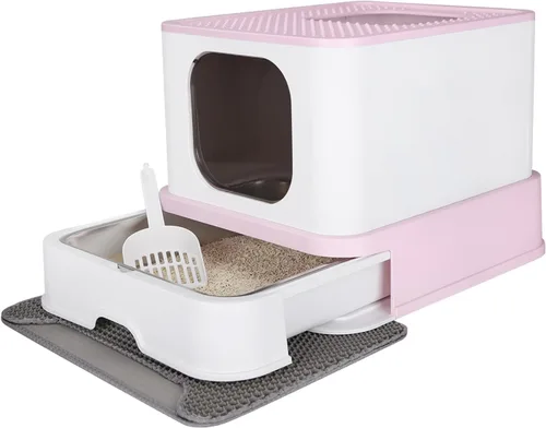 Vista 9 de RIZZARI Caja de acero inoxidable para gatos: bandeja de arena cerrada de gran capacidad negra con paredes altas, revestimiento de teflón