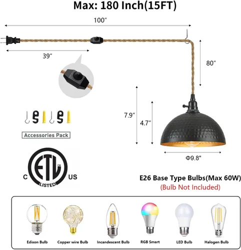 Vista 2 de Luces Colgantes Enchufables Lámpara Colgante de Cúpula Martillada con Interruptor Regulable Cuerda de Cáñamo de 15 Pies de Largo Luz Colgante