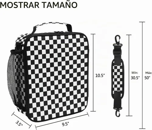 Vista 5 de Lonchera con patrón de cuadros blancos y negros, bolsa de almuerzo aislada, bolsa de preparación para niños, correa de hombro congelable a001
