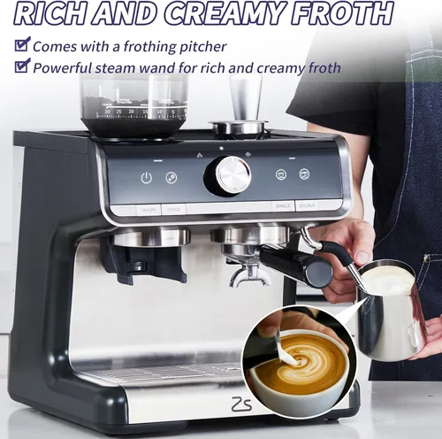 Vista 5 de Máquina de café expreso de 20 barras con molinillo, cafetera espresso semiautomática con espumador de leche para barista casero, cafetera