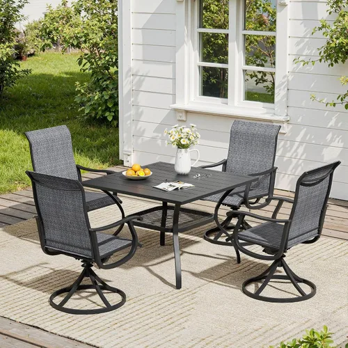 Vista 80 de VICLLAX Muebles pequeños de exterior de 3 piezas, 2 sillas giratorias de patio y mesa redonda pequeña para 2, sillas de carbón oscuro y negro