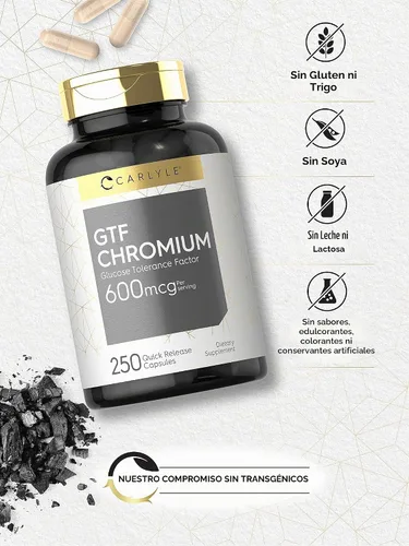 Vista 5 de Carlyle GTF Suplemento de cromo 600 mcg 250 cápsulas Factor de tolerancia a la glucosa Fórmula sin OMG y sin gluten