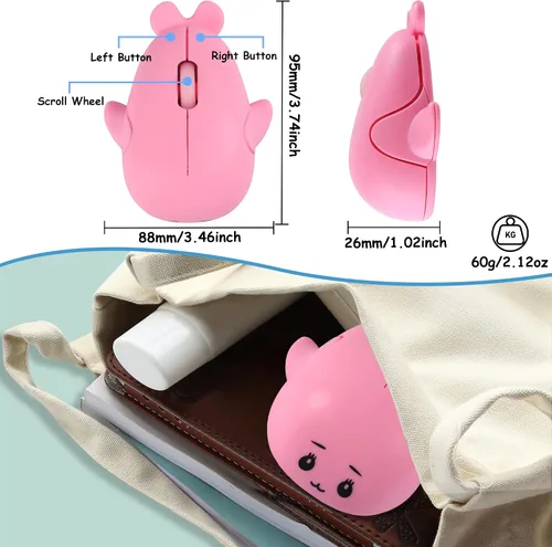 Vista 8 de Ratón inalámbrico Bluetooth lindo animal pequeño con forma de delfín ratones de computadora con receptor USB 2.4GHz y Bluetooth modo dual silencioso