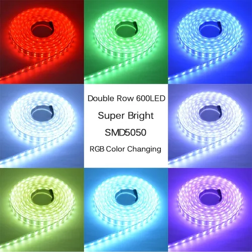 Vista 3 de Tira de luz LED súper brillante de 12 V, doble fila 600 LED, manga impermeable IP67, sin fuente de alimentación (conmutación de 7 colores RGB)