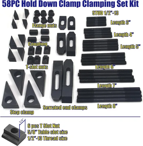 Vista 2 de HFS (R) 58pcs 5/8" Ranura 1/2"-13 Stud Hold Down Clamp Set Kit Bridgeport Mill Steel, Tratamiento térmico