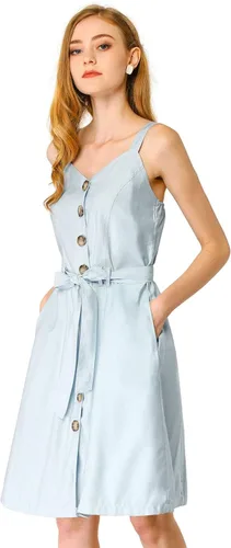 Vista 2 de Allegra K - Vestido de mujer con cuello corazón y bolsillos con cinturón con botón frontal y correa de espagueti