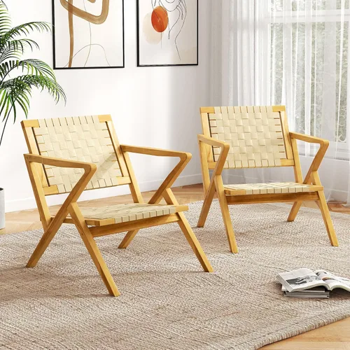 Vista 6 de Tangkula Silla de comedor de madera de teca para exteriores, sillón rústico de madera para patio con asiento y respaldo de cincha, para sala
