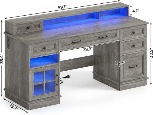 Vista 2 de BTHFST Escritorio ejecutivo estilo granja con cajón para archivos, escritorio para computadora con estación de carga y luces LED, escritorio de Gris