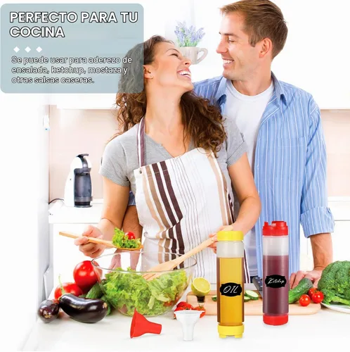 Vista 3 de Sabary 6 botellas exprimibles de condimentos de 16 onzas para salsa, botellas de plástico invertidas con calcomanías y embudo, válvula grande sin