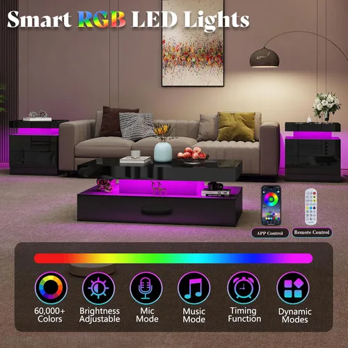 Vista 5 de AMERLIFE Mesa de centro LED de alto brillo de 40 pulgadas con Negro