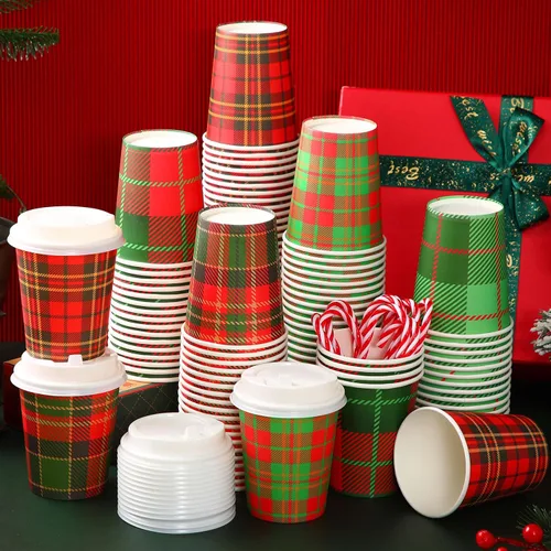 Vista 4 de Hushee 100 Piezas Vasos de Papel a Cuadros Navideños de 8 onzas, Vasos de Café Desechables con Tapas, Vasos Navideños, Suministros de Cafetería