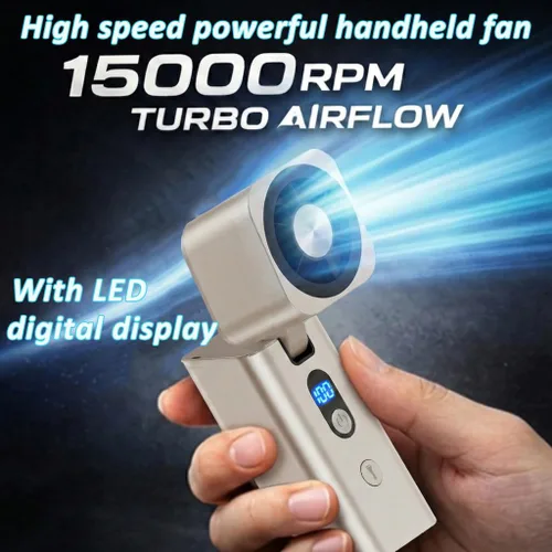 Vista 3 de Mini ventilador de mano de metal portátil 1-100 velocidad 15000RPM con Plata