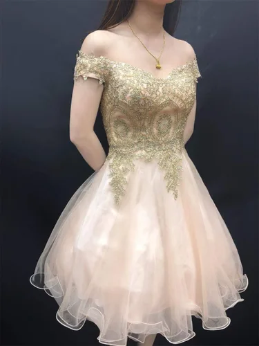 Vista 5 de Vestido corto de fiesta de graduación con apliques de hombros descubiertos para mujer, vestido corto para fiesta de graduación