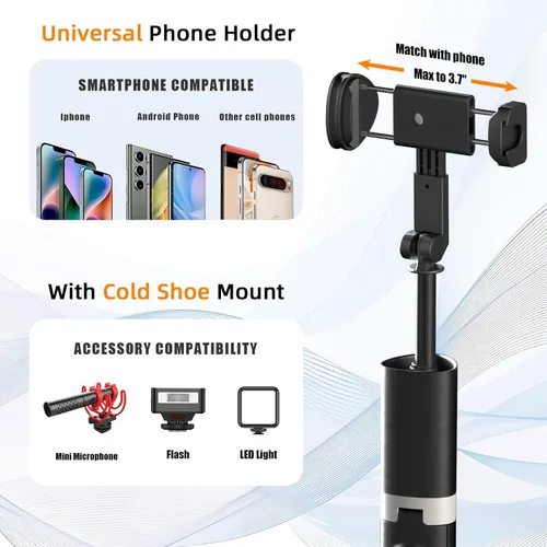 Vista 5 de Trípode de 61 pulgadas de alto para iPhone, trípode para selfie stick todo en uno con control remoto inalámbrico, soporte ligero para grabación