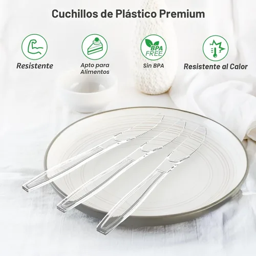 Vista 3 de Dealusy 300 unidades de cuchillos de plástico transparente extra resistentes desechables, libres de BPA, resistentes al calor, cuchillos desechables