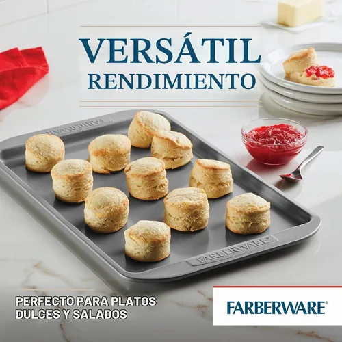 Vista 3 de Farberware Juego de utensilios para hornear antiadherentes, juego de bandejas para galletas de 3 piezas, color gris