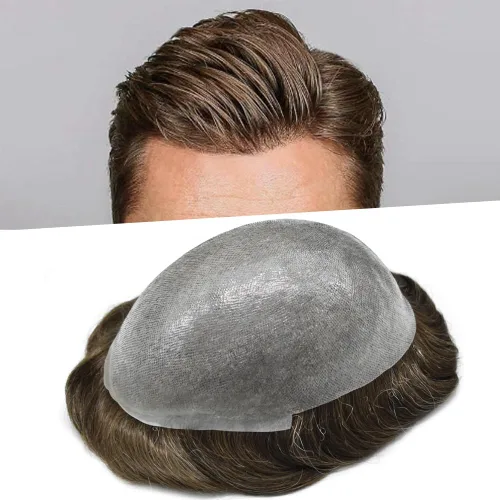 Vista 9 de Tupé de piel ultra fina para hombres pieza de cabello humano real sistema de reemplazo 0.002 in Mens Toupee Hairpiece para hombres V-Loop 8x10 80%